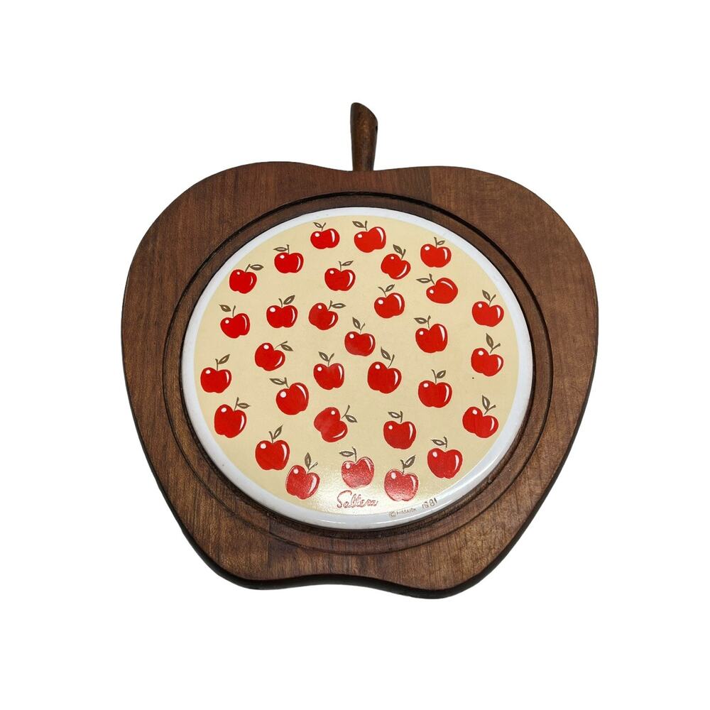 Vtg Himark 1981 Wood Apple Shaped Saltera Framed Ceramic Trivet Wall Hanger